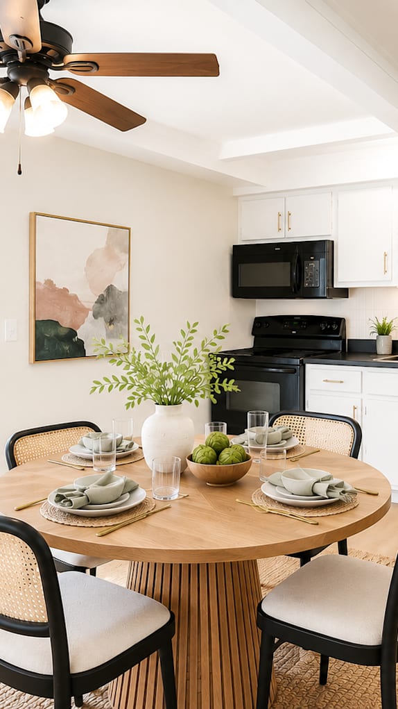 A kitchen with black appliances and white cabinets.