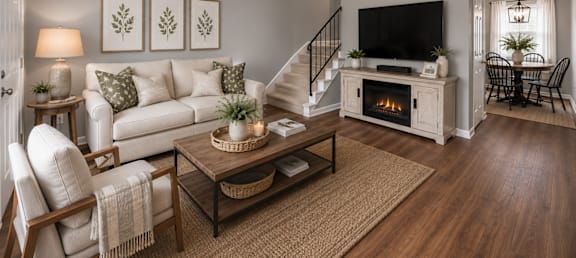 A living room with a white couch, a wooden coffee table, and a fireplace.