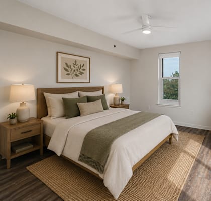 A bedroom with a bed, nightstands, and a window overlooking a body of water.