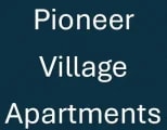 the words pioneer village apartments appearing in white text on a blue background