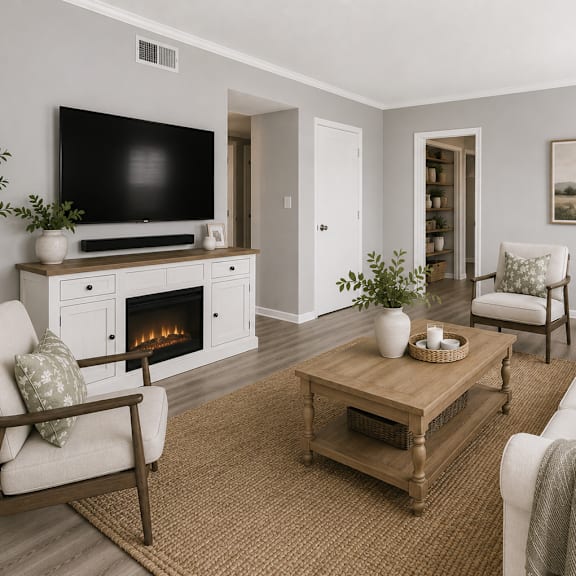 a living room with a green couch and a bull painting on the wall at Capital Flats & Magnolia Square Apartments, Raleigh, NC