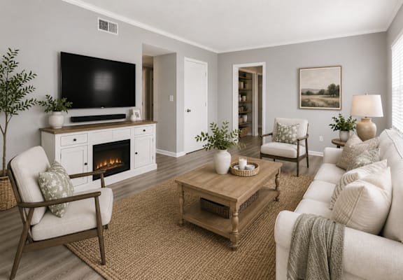 A living room with a fireplace, a chair, a couch, and a coffee table.