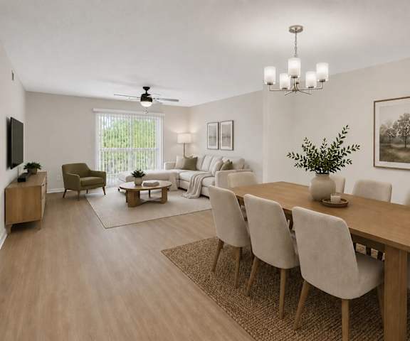 A dining room with a wooden table and chairs.