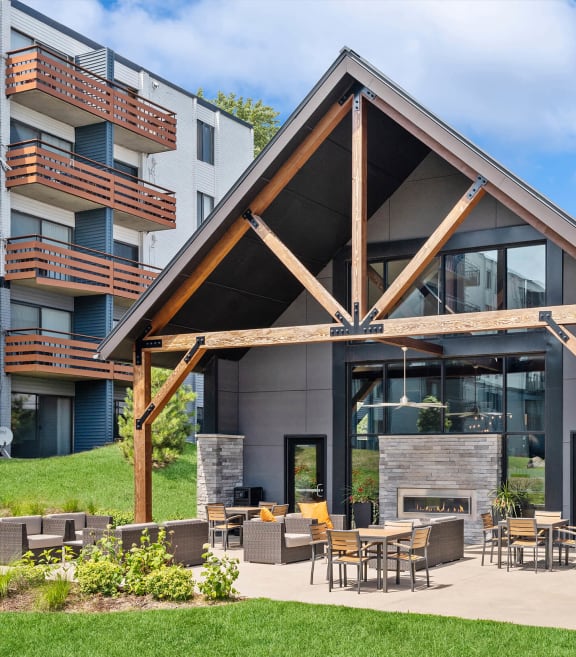 Outdoor lounge area and fireplace at Elevate on Parkway, Burnsville, Minnesota