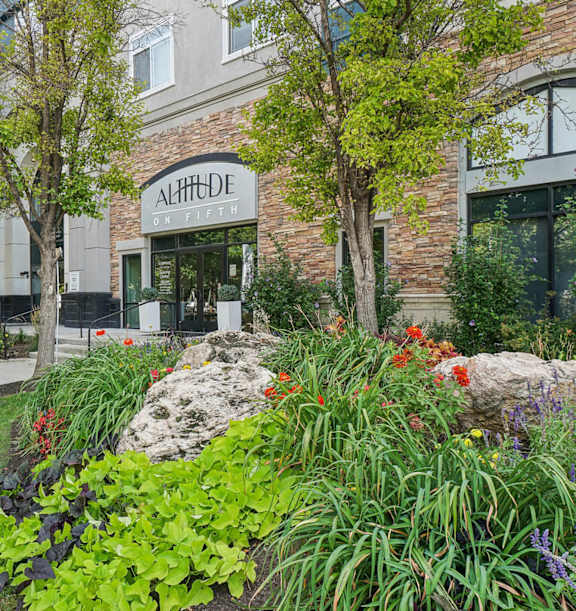 Exterior Community Building and Landscape at Altitude on Fifth Apartments located in Salt Lake City, UT.