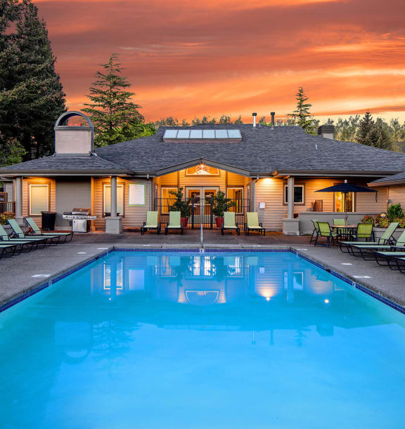 Community Swimming Pool with Sunset View at The Club Apartments located in Hillsboro, OR-WELCOME.