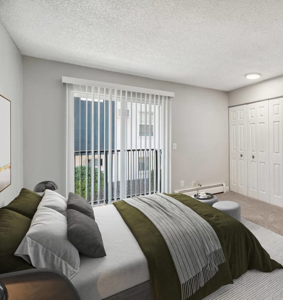 Model bedroom at Waterfront Apartments in Lakewood, Colorado