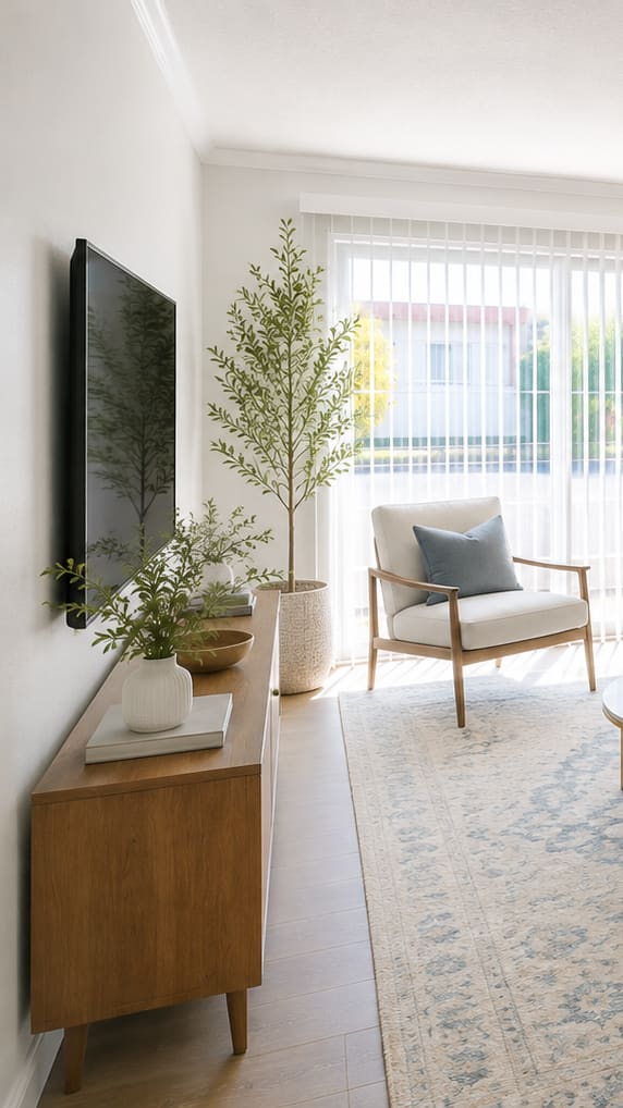 A living room with a white couch, a coffee table, and a TV on the wall.