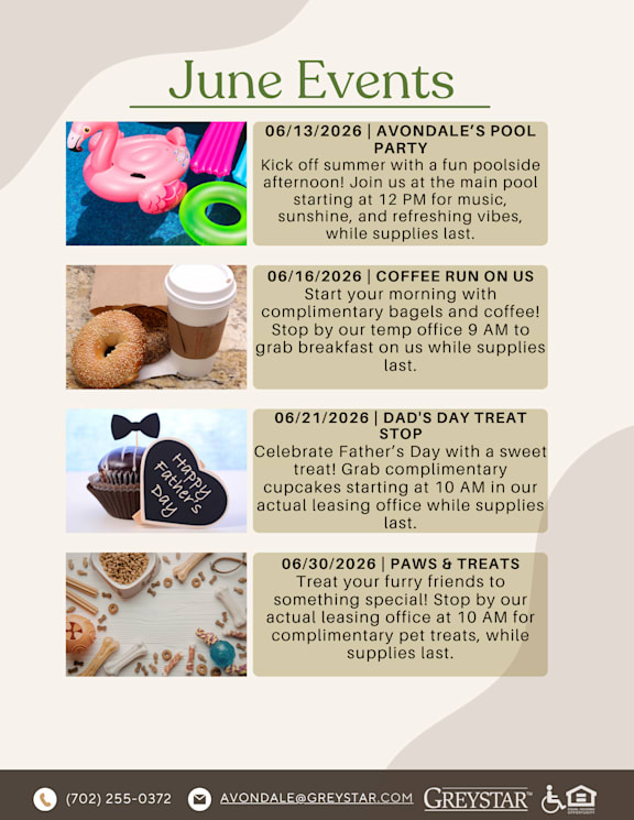 A flyer advertises April upcoming events including a Lemonade Bar, Root Beer Floats, and a Taco Bar.