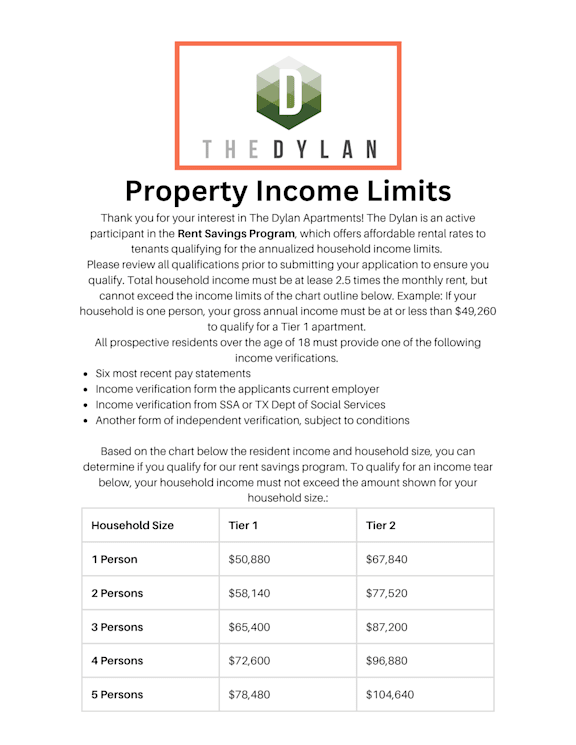 Flyer for income limits for renters at The Dylan, Dallas, Texas