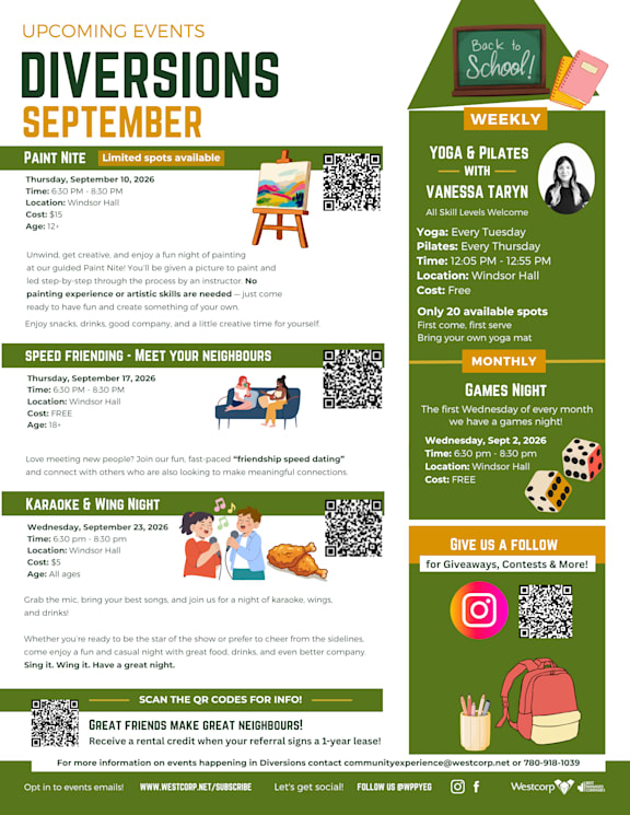 A festive poster advertising upcoming events in December, including a holiday photoshoot, a movie night, and a cocktail class.