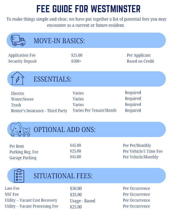 A fee guide for Westminster is presented in a clear and organized manner.