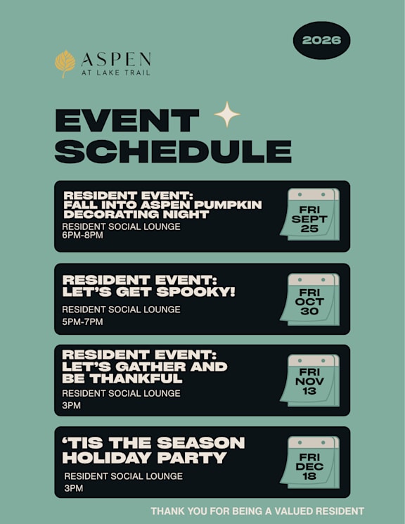 A poster advertising a series of events for residents at Aspen at Lake Trail in 2026.