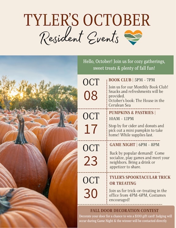 A poster advertising September resident events at Tyler at Loveland, featuring a list of activities and a thank you note.