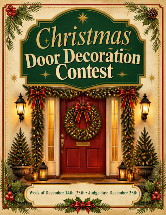 A poster advertising a Christmas Door Decoration Contest.