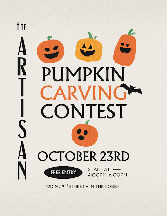 A poster advertises the Artisan Pumpkin Carving Contest on October 23rd.