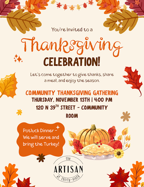 A Thanksgiving celebration invitation with a potluck dinner and a turkey.