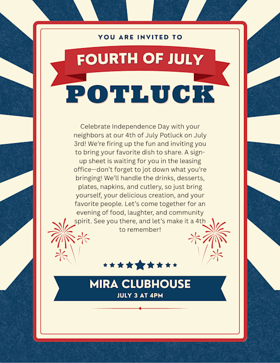 A Fourth of July Potluck invitation with a red, white, and blue design.