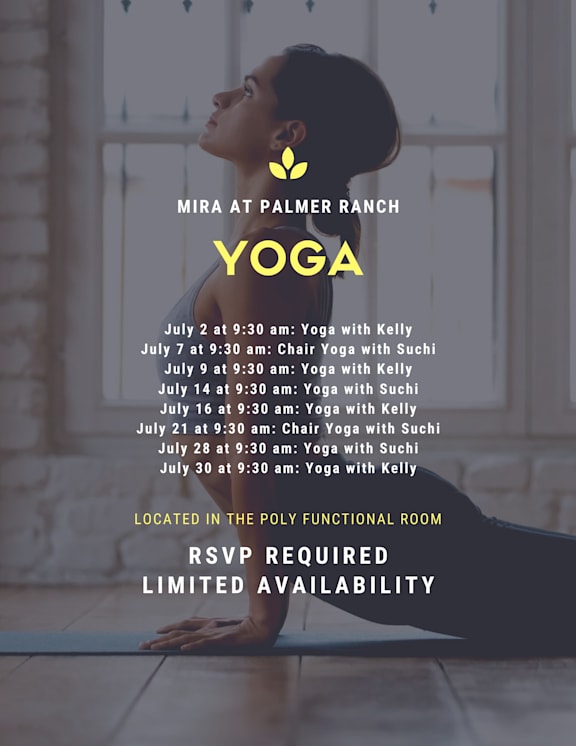 A flyer advertises yoga classes at Mira at Palmer Ranch, with limited availability and RSVP required.