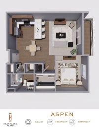 3d floor plan with a bedroom and living room