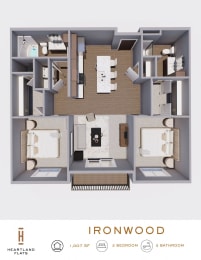 3d floorplan with 2 bedrooms and living room