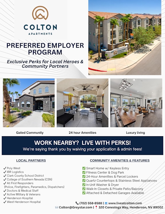 A flyer for Colton Apartments advertising their Preferred Employer Program with various benefits and amenities.