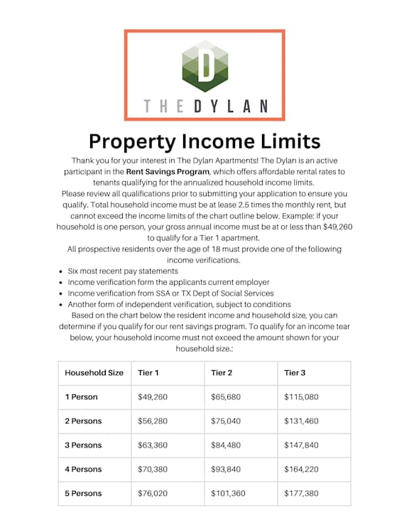 A flyer for The Dyland apartments outlines the property income limits for renters.