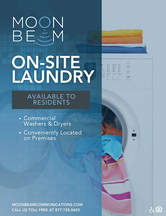 A poster advertising on-site laundry services for Moonbeam residents, including commercial washers and dryers conveniently located on the premises.