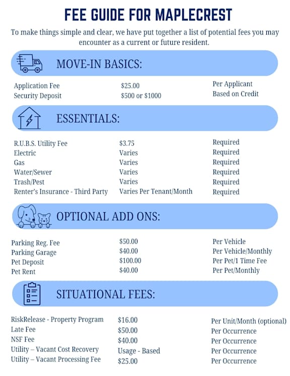 A fee guide for Maplecrest outlines various charges for residents, including move-in basics, essentials, optional add-ons, and situational fees.