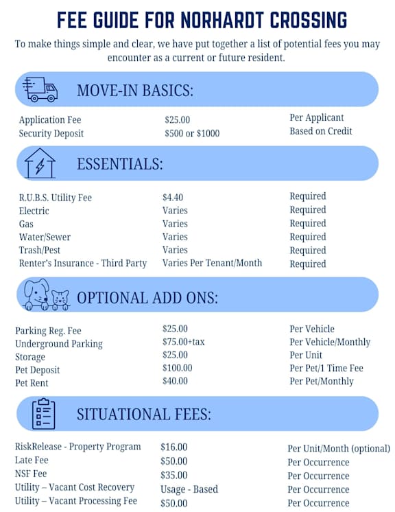 A fee guide for Norhardt Crossing is presented in a clear and organized manner.