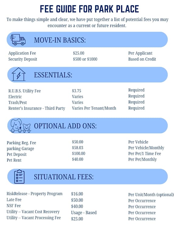 A fee guide for Park Place is presented in a clear and simple format.