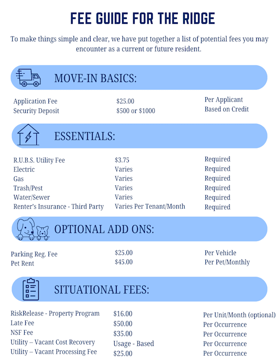 A fee guide for The Ridge outlines various fees for residents, including move-in basics, essentials, optional add-ons, and situational fees.