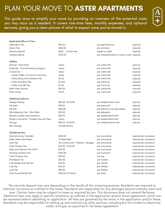 A page detailing the costs associated with moving to Aster Apartments.