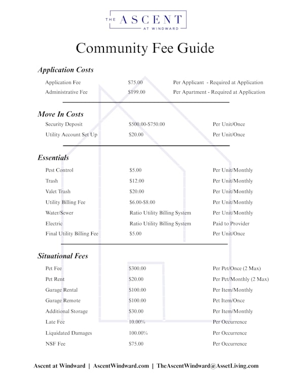 A Community Fee Guide for Ascent at Windward lists various fees such as Application Costs, Move In Costs, Essentials, and Situational Fees with their corresponding costs.
