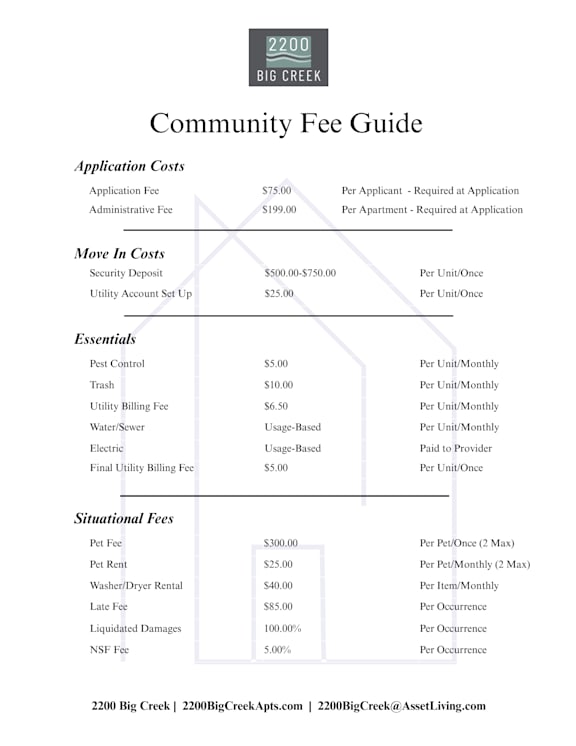 A community fee guide for 2200 Big Creek lists the fees for application, move-in, essentials, and situational costs.