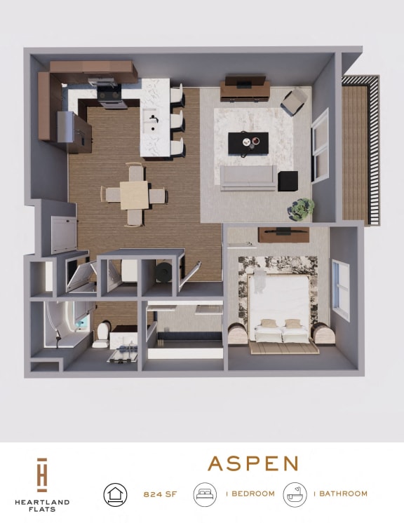 3d floor plan with a bedroom and living room