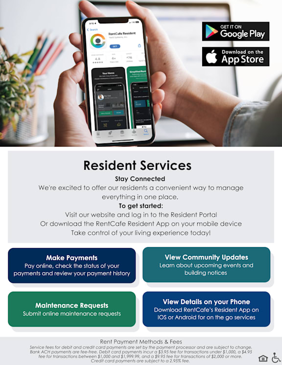 A hand holding a smartphone displaying the RentCafe Resident Services app.