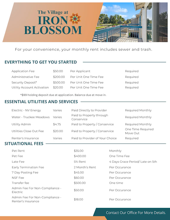 A flyer for The Village at Iron Blossom outlines the costs for renting a unit, including essential utilities and optional fees.