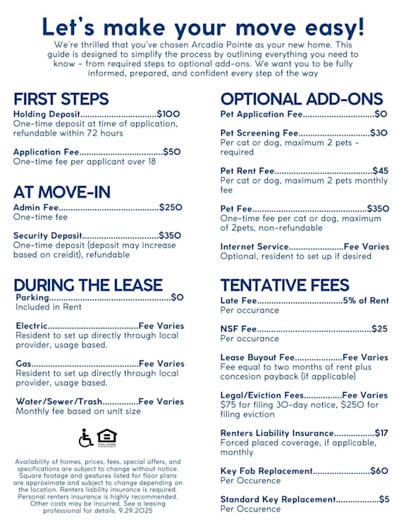 A flyer detailing the costs and steps for moving to Arcadia Pointe.