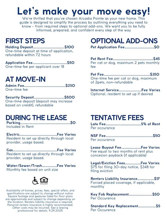 A flyer detailing the costs and steps for moving to Arcadia Pointe.