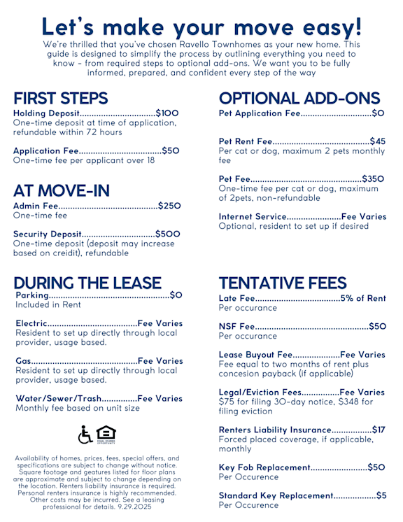 A flyer detailing the costs and steps for moving to a new home.