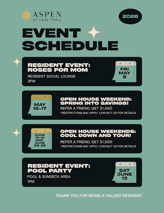 A poster advertising events for Aspen residents in 2026, including a social lounge, open house weekends, and a pool party.