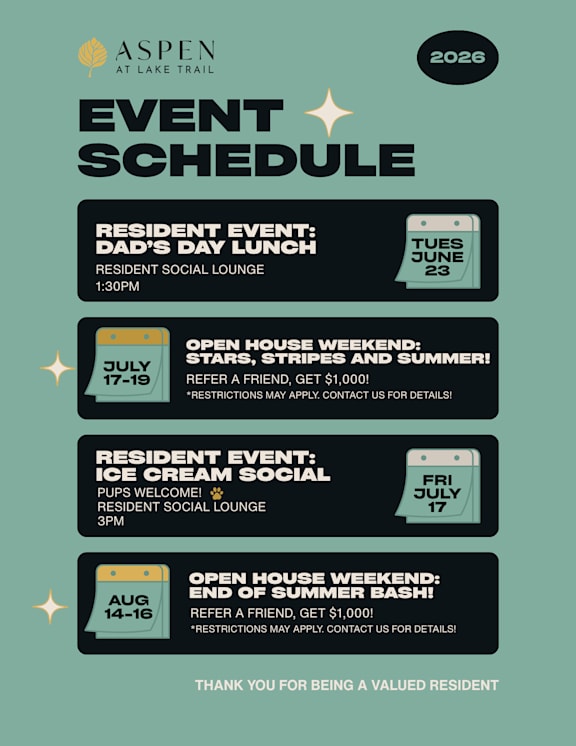 A poster advertising events for Aspen at Lake Trail in 2026, including a resident event, open house weekends, and ice cream social.