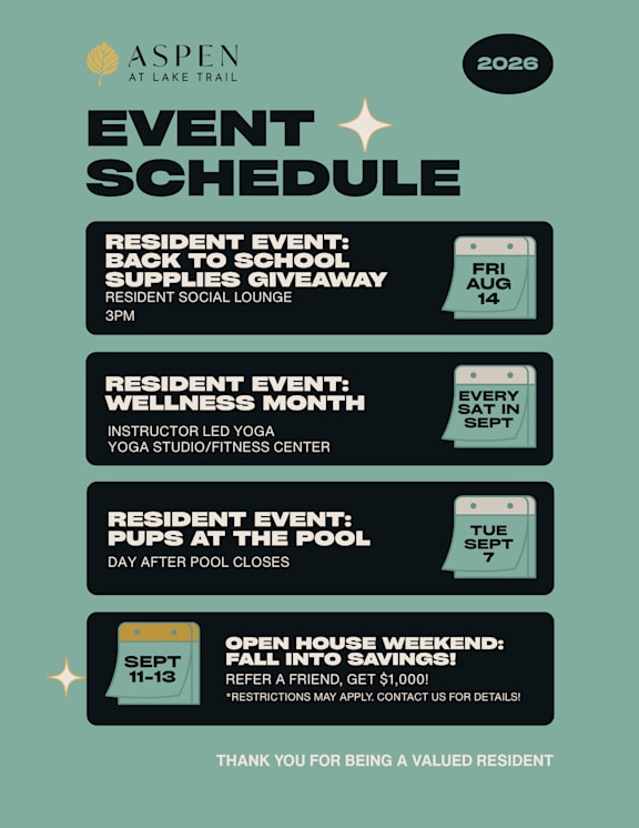 A poster advertising an event schedule for Aspen at Lake Trail in 2026.