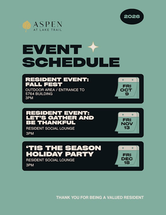 A poster for the event schedule at Aspen at Lake Trail for 2026.