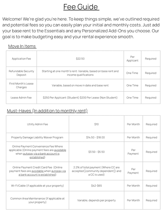 A fee guide document outlining various fees and their requirements at The Townhomes at Pine Drive, Parker, CO, Colorado, 80138