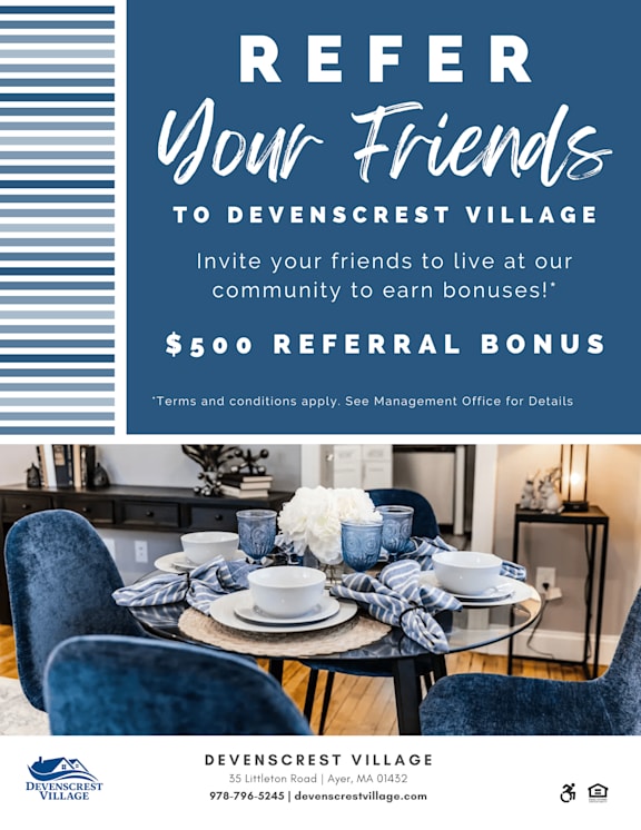 A poster advertising a $500 referral bonus at Devenscrest Village.