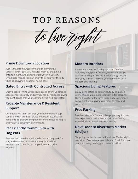 A poster detailing the top reasons to live in a particular area, including points such as location, modern interiors, and pet-friendly community.
