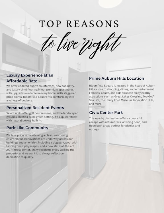A poster advertising the top reasons to live at a particular location, highlighting luxury, community, and nearby attractions.
