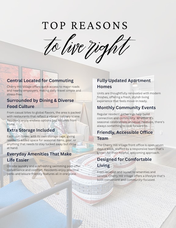 A poster advertising the top reasons to live at Cherry Hill Village, including amenities like dining, storage, and community events.